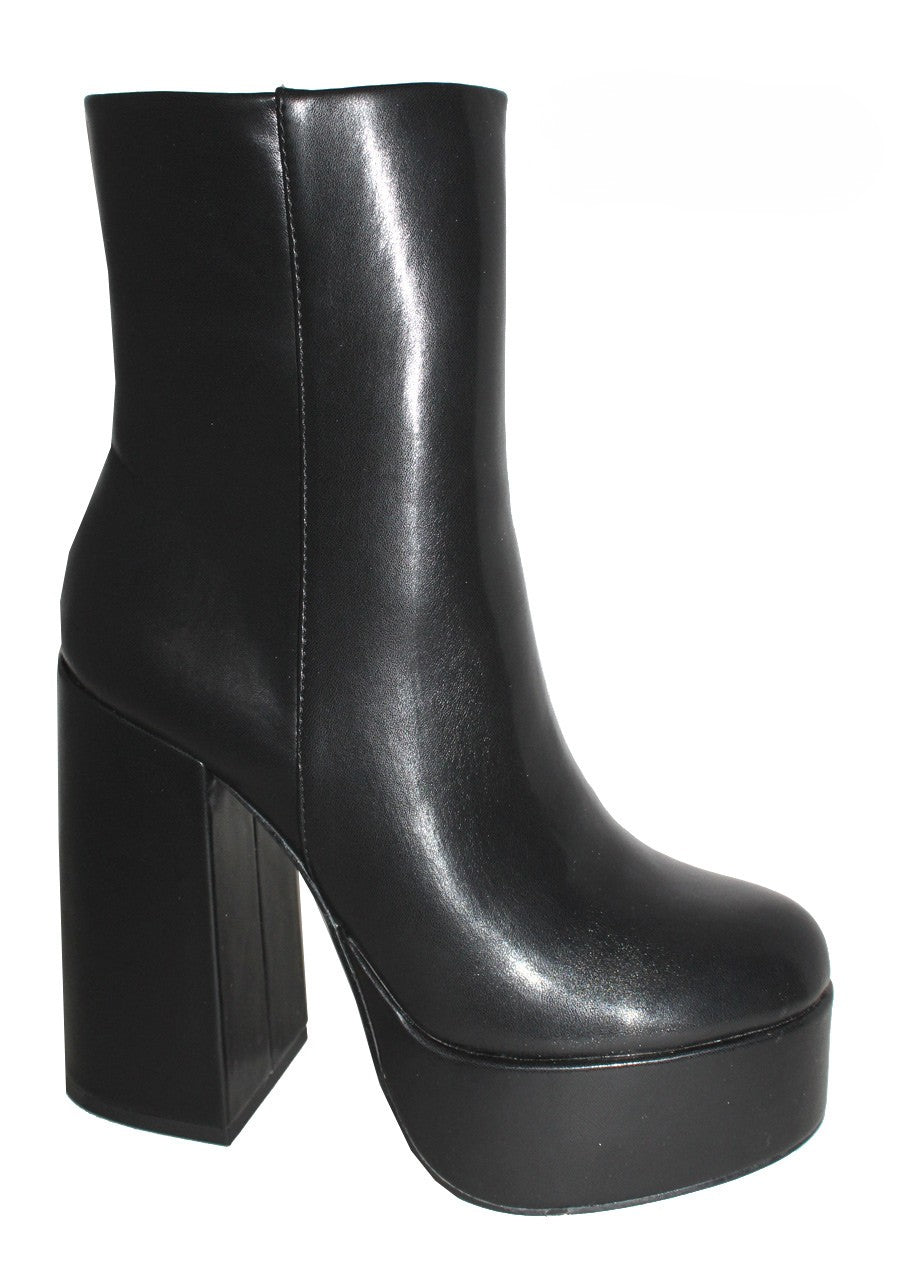 FRONA-2 S26 BLACK FAUX LEATHER PLATFORM BLOCK HEEL BOOTIE WITH CHUNLY BLOCK HEEL