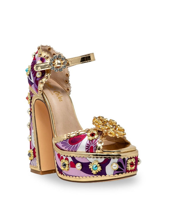 ROYAL-1 Purple Gold Platform Heel Multi Print Satin and Gold Faux Leather Trim