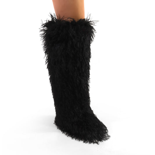 GOGO-4J26 BLACK CURLY FUR OVER-THE-KNEE BOOTS