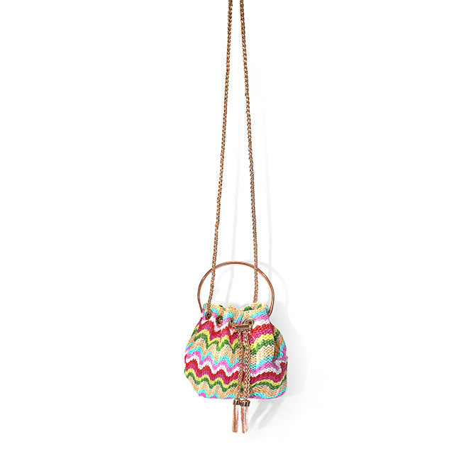 RAFFINO BAG
- Multicolor Striped Raffia Handbag
- Cinched Drawstring Closure with Gold Chain and Tassel Accents
- Gold Circle Handle 