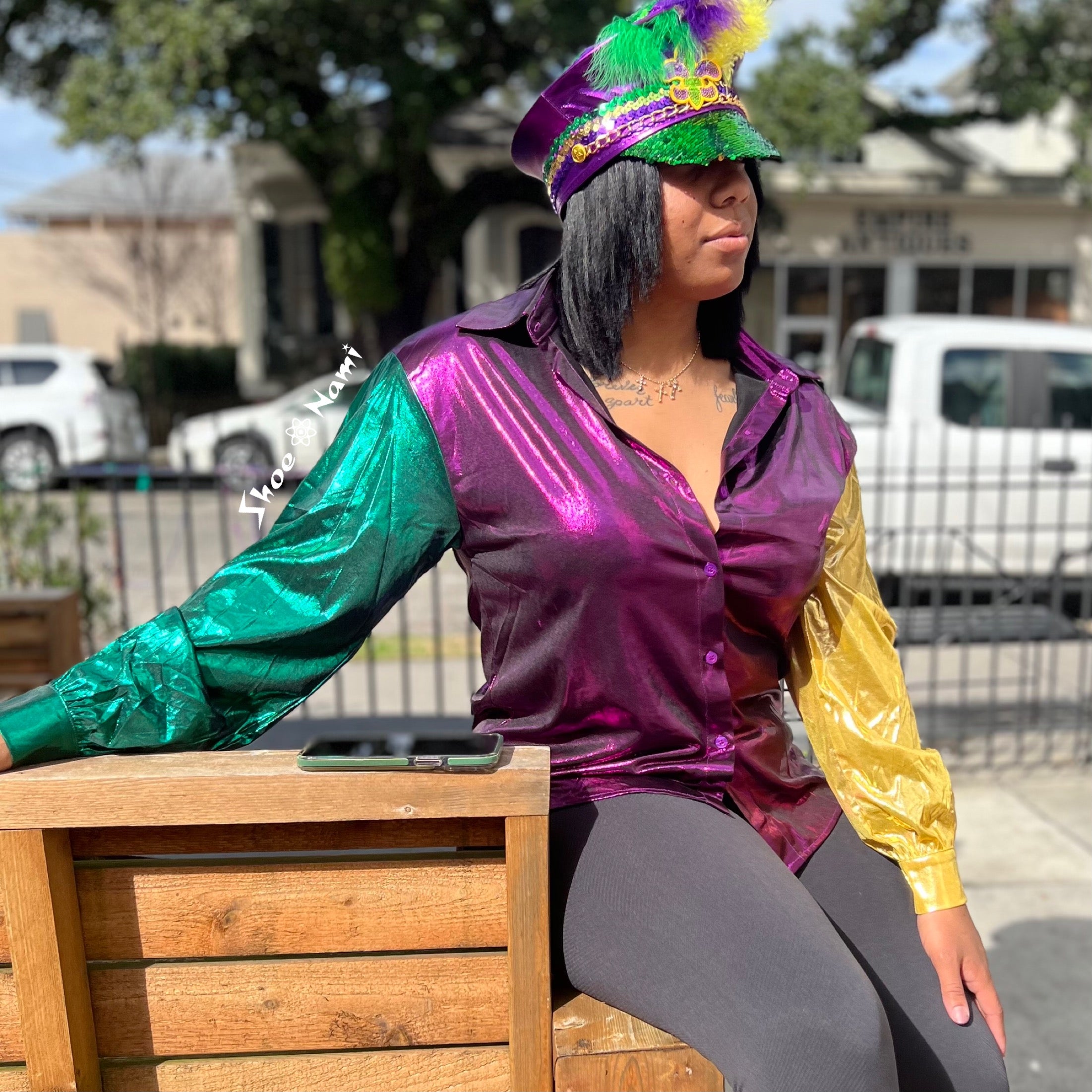 BUTTON DOWN MARDI GRAS TOP - ShoeNami
