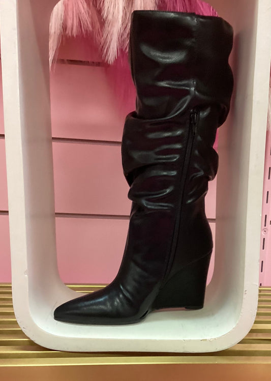 TWISTED-01 BLACK FAUX LEATHER SLOUCHY POITNY TOE OVER THE CALF WEDGE BOOT