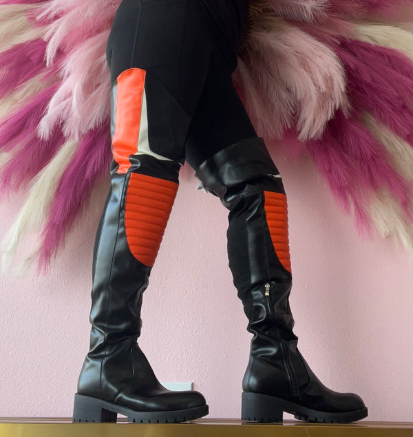 NORRIS-1 Orange/Black Faux Leather Over Knee Moto Boot - Motorcycle Styling Detail