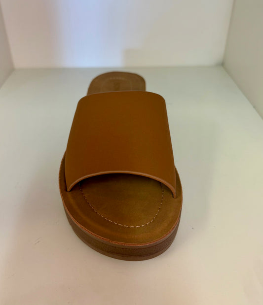 MARLEE-1 TAN SLIP ON FAUX LEATHER SANDALS