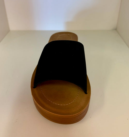 MARLEE-1 BLACK SLIP ON FAUX LEATHER SANDALS