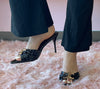 UPGRADE CLASS Black Mule Heel Open Toe Black Faux Leather