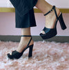 DELLA Black Faux Leather Platform Heel - Ankle Strap with Adjustable Buckle