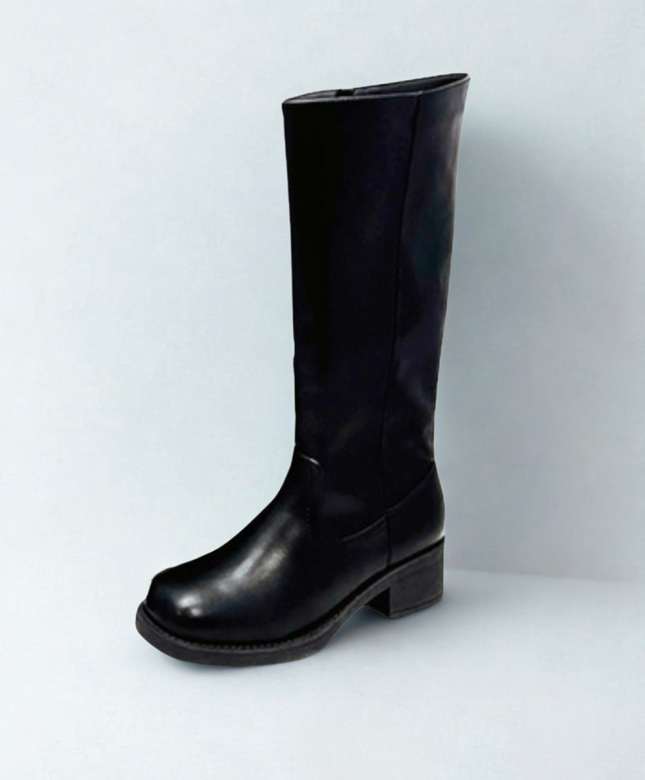 MACEO-22 BLACK FAUX LEATHER KNEE HIGH ROUND TOE BOOTS