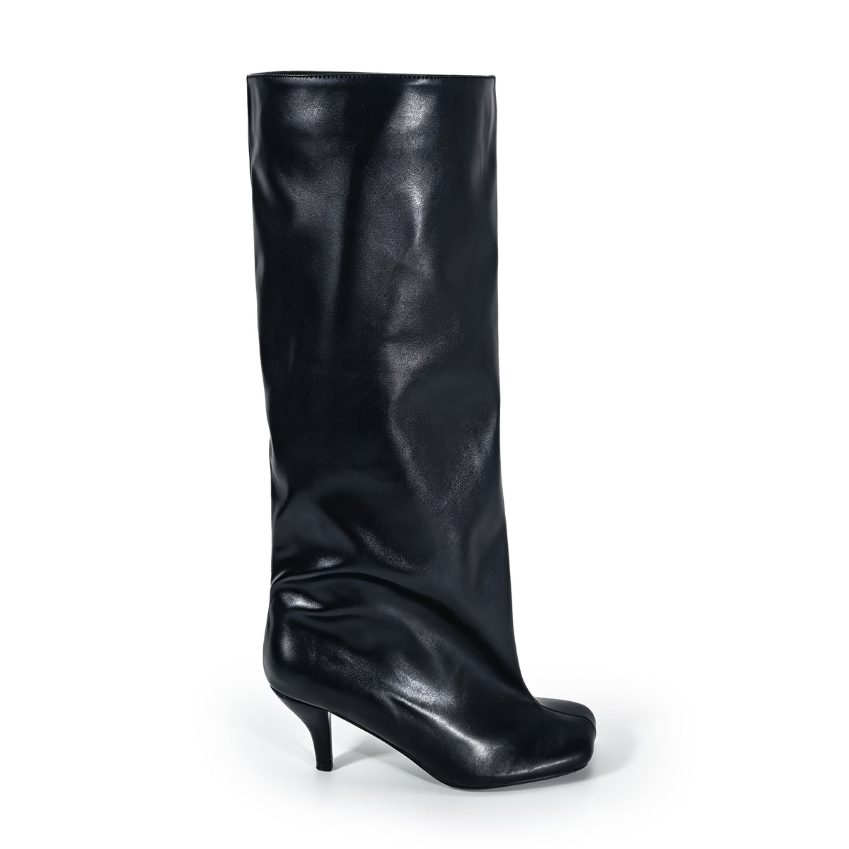 LIMA-1 BLACK FAUX LEATHER SHORT HEEL KNEE BOOT WITH WIDE SHAFT AND MOD SQUARE TOE