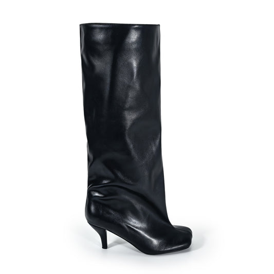 LIMA-1 BLACK FAUX LEATHER SHORT HEEL KNEE BOOT WITH WIDE SHAFT AND MOD SQUARE TOE