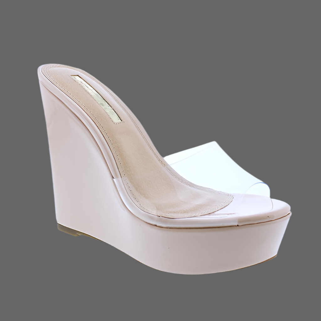 Liliana RHONA-2 nude
- Clear Vamp Band
- Peep Toe
-Nude Faux Patent Platform Wedge Heel, Approx. 5