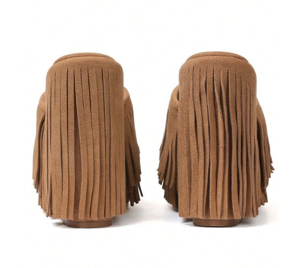 MAJA TAN FAUX SUEDE PLATFORM SLIP ON MULE WEDGE SANDAL WITH ALL OVER FRINGE