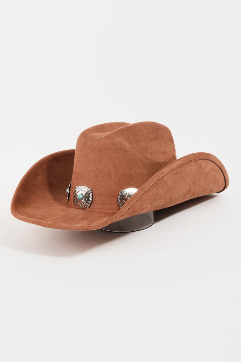 CHEYENNE RUST FAUX SUEDE COWBOY HAT WITH CONCHO DETAIL