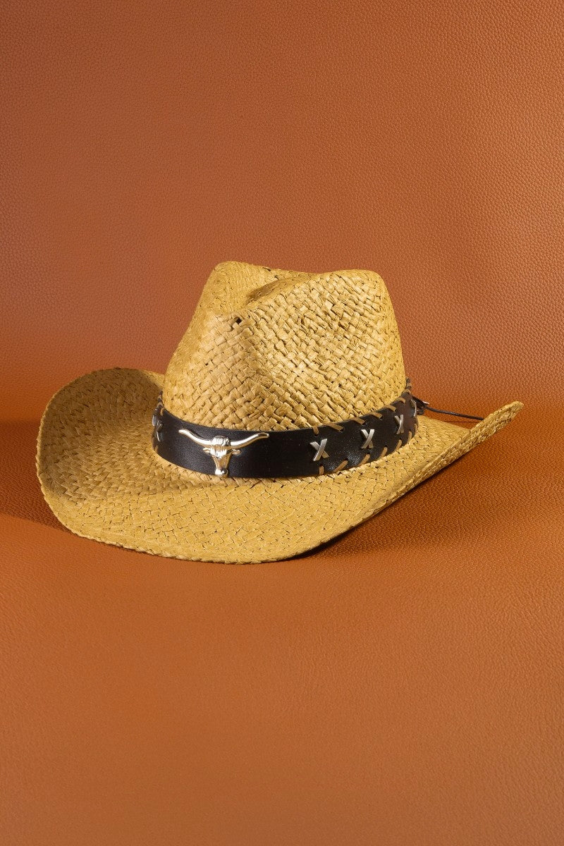 TILLIE STRAW COWBOY HAT WITH BULL DESIGN