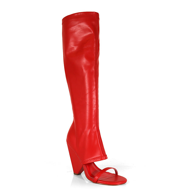 NANO-11 RED CUT OUT WEDGE OPEN ROUND TOE KNEE BOOT