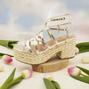 NICHE-18
- Gold Metallic Faux Leather
- Criss-Cross Straps
- Cage Styling
- Open Toe
- Double Ankle Straps with Adjustable Buckles
- Woven Espadrille Platform Sole, Approx. 2"
- Chunky Block Espadrille Heel, Approx. 3"