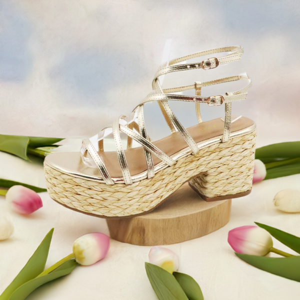 NICHE-18
- Gold Metallic Faux Leather
- Criss-Cross Straps
- Cage Styling
- Open Toe
- Double Ankle Straps with Adjustable Buckles
- Woven Espadrille Platform Sole, Approx. 2"
- Chunky Block Espadrille Heel, Approx. 3"