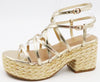 NICHE-18
- Gold Metallic Faux Leather
- Criss-Cross Straps
- Cage Styling
- Open Toe
- Double Ankle Straps with Adjustable Buckles
- Woven Espadrille Platform Sole, Approx. 2"
- Chunky Block Espadrille Heel, Approx. 3"