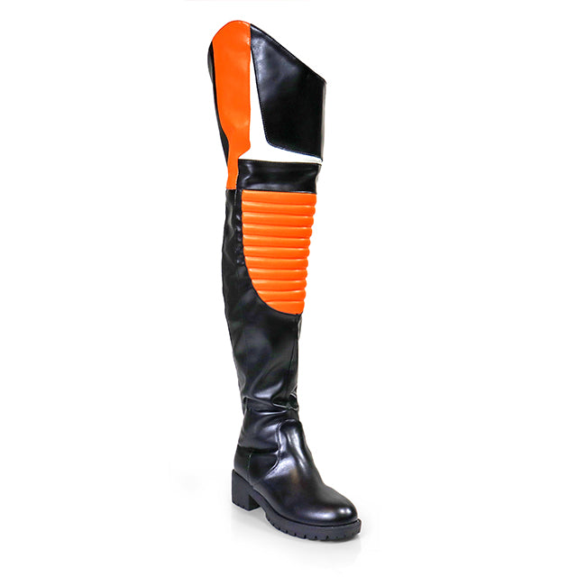 NORRIS-1 Orange/Black Faux Leather Over Knee Moto Boot - Motorcycle Styling Detail