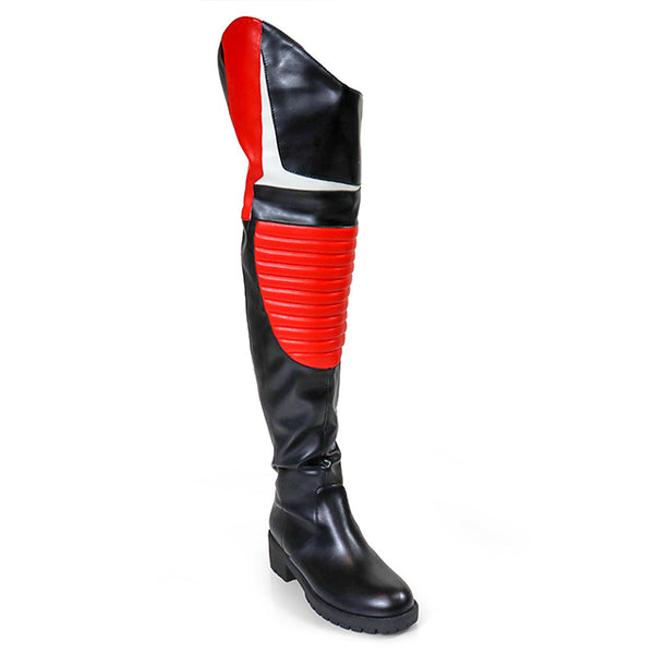 NORRIS-1 Red/Black Faux Leather Over Knee Moto Boot - Motorcycle Styling Detail