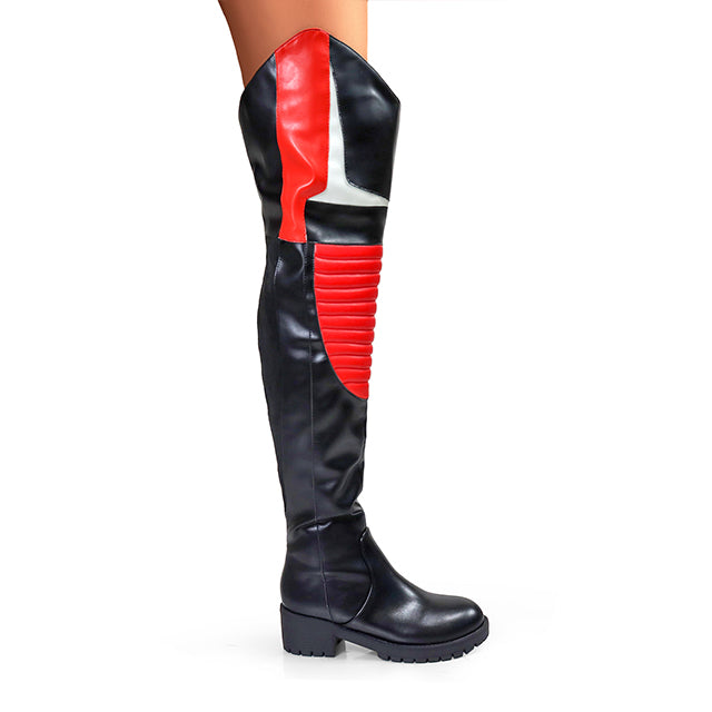 NORRIS-1 Red/Black Faux Leather Over Knee Moto Boot - Motorcycle Styling Detail