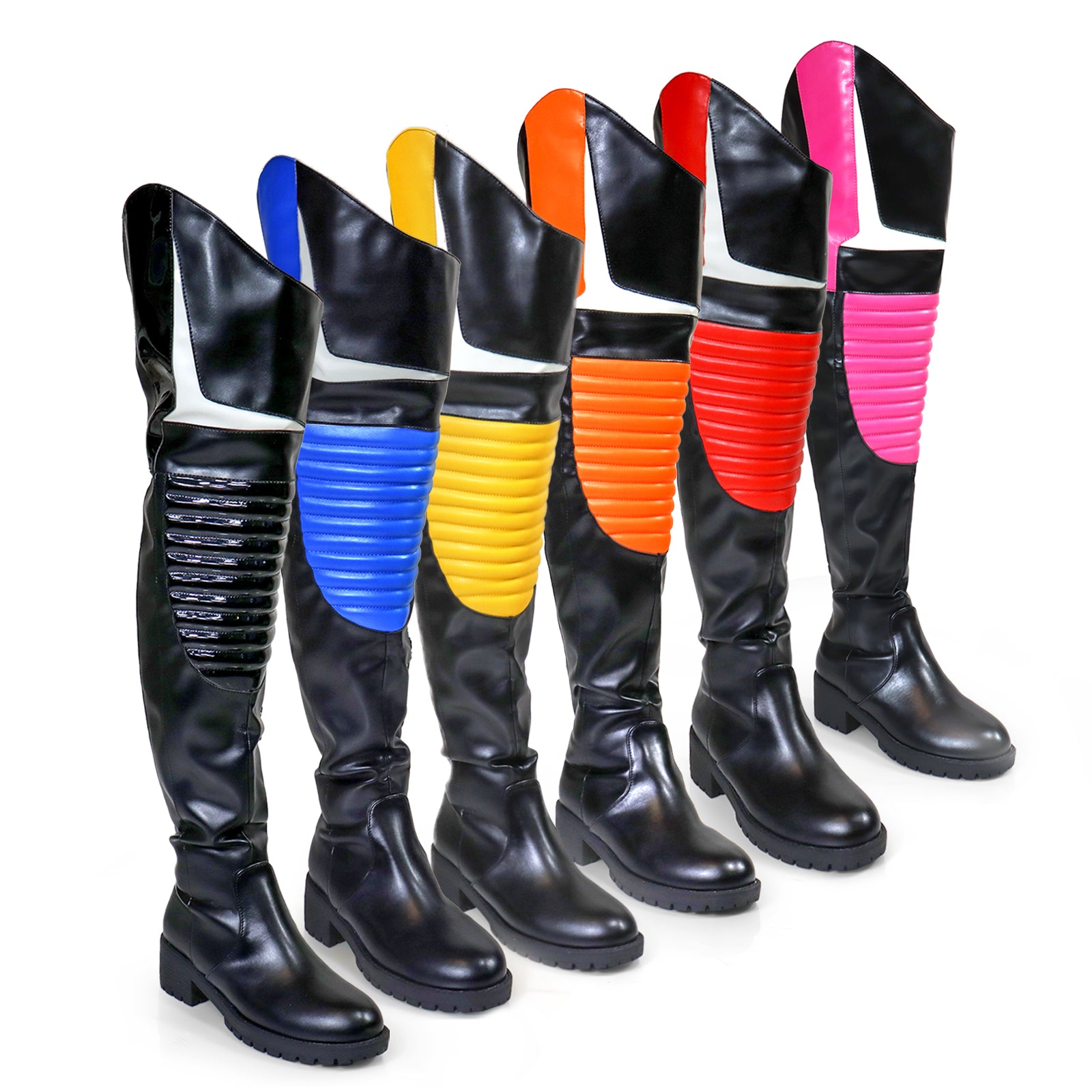 NORRIS-1 Orange/Black Faux Leather Over Knee Moto Boot - Motorcycle Styling Detail