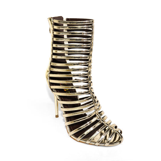 ROCKY-4 GOLD FAUX LEATHER STRAPPY STILETTO CAGE BOOT WITH BACK ZIP