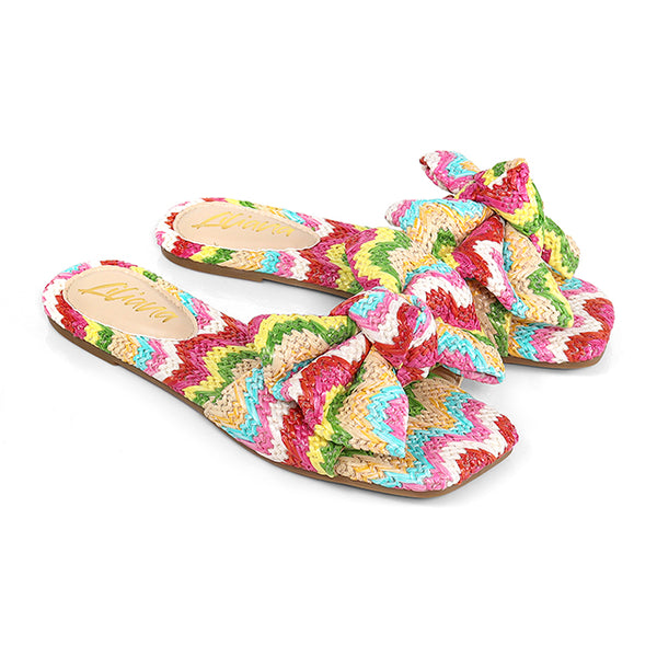 SHINEE-128
- Multi Color Printed Raffia Flat Sandal Slide
- Square Open Toe
- Oversized Bow Vamp
- Slip-On Slide