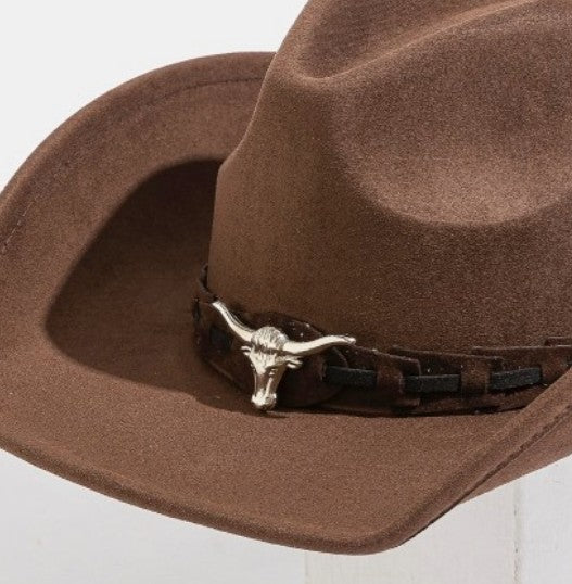 HOMESTEAD BROWN FAUX SUEDE COWBOY HAT WITH BULL DETAIL