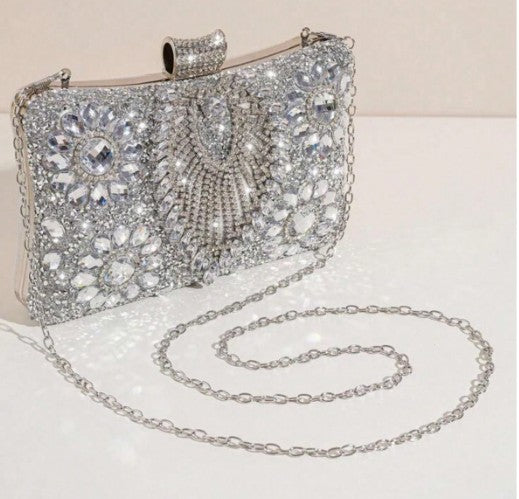 PALMA SILVER BLINGY CLUTCH WITH CLEAR RHINESTONE BOTANICAL DESIGNS
