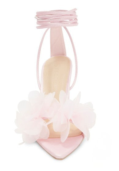 CARMINA-02 BABY PINK TIE UP OPEN POINTY TOE STILEETO HEEL WITH DELICATE FLORAL VAMP