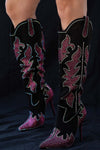 SHINING QUEEN
- Black boot with Hot Pink, Clear and Green Rhinestone Detail
- Knee High
- Pointy Toe
- Stiletto Heel, Approx. 5"
- Western Styling