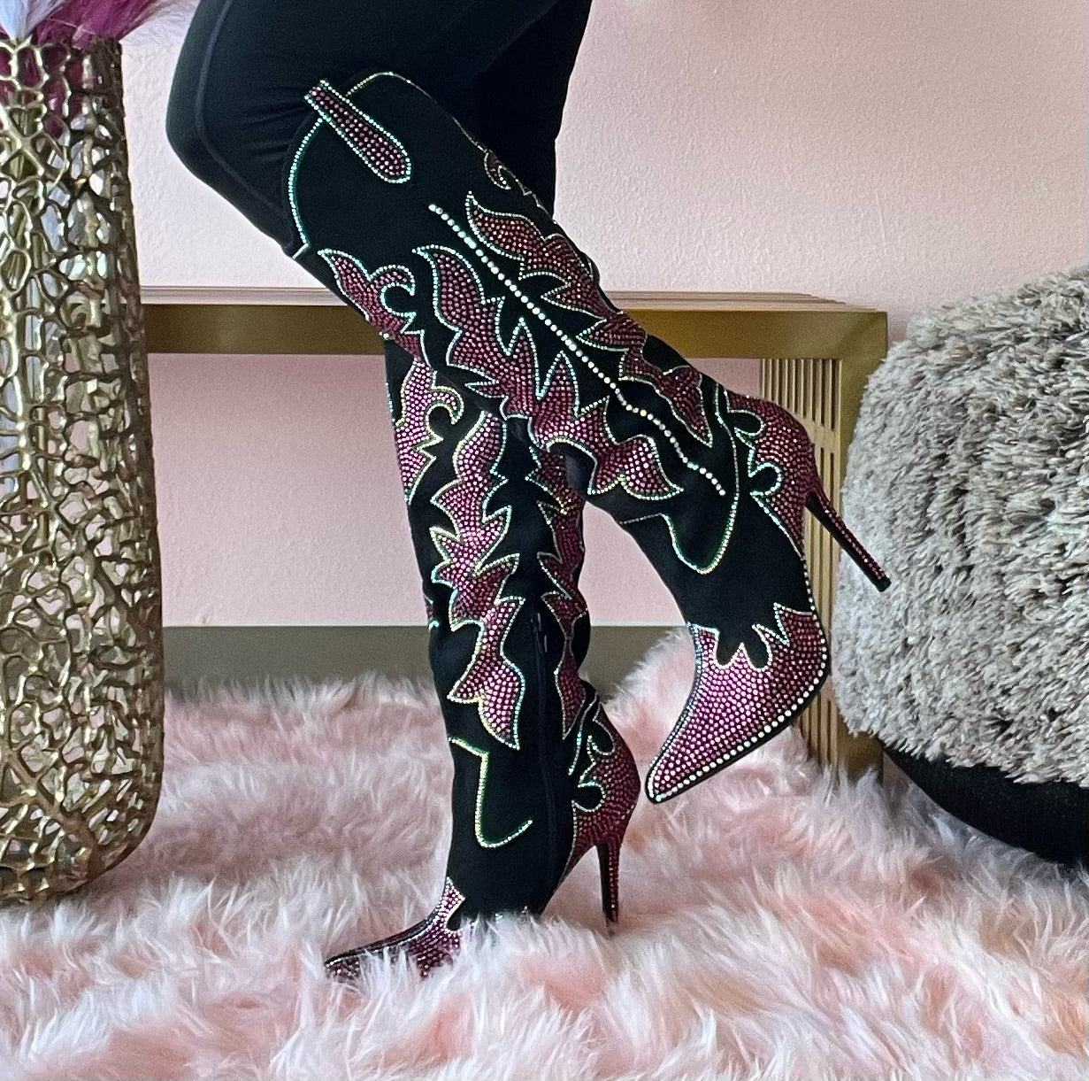 SHINING QUEEN
- Black boot with Hot Pink, Clear and Green Rhinestone Detail
- Knee High
- Pointy Toe
- Stiletto Heel, Approx. 5