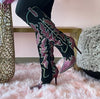 SHINING QUEEN
- Black boot with Hot Pink, Clear and Green Rhinestone Detail
- Knee High
- Pointy Toe
- Stiletto Heel, Approx. 5"
- Western Styling