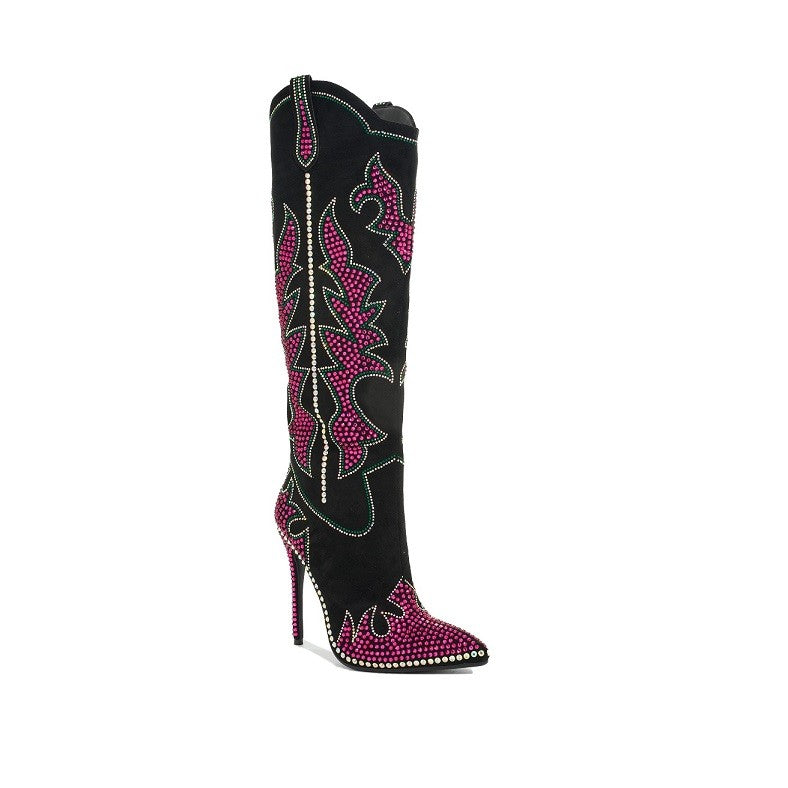 SHINING QUEEN
- Black boot with Hot Pink, Clear and Green Rhinestone Detail
- Knee High
- Pointy Toe
- Stiletto Heel, Approx. 5