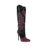 SHINING QUEEN
- Black boot with Hot Pink, Clear and Green Rhinestone Detail
- Knee High
- Pointy Toe
- Stiletto Heel, Approx. 5"
- Western Styling