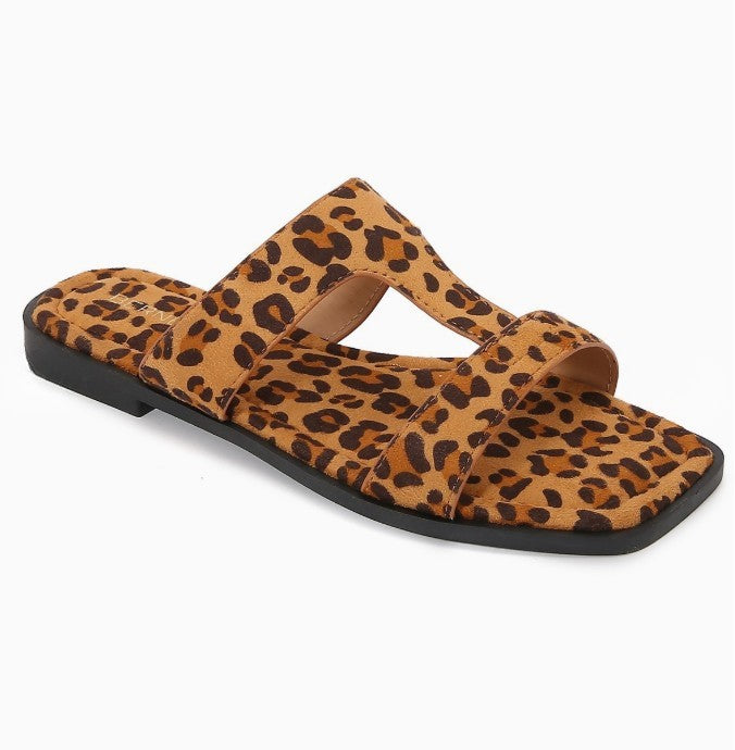 THELMA LEOPARD PRINT SLIP ON FLAT SANDAL