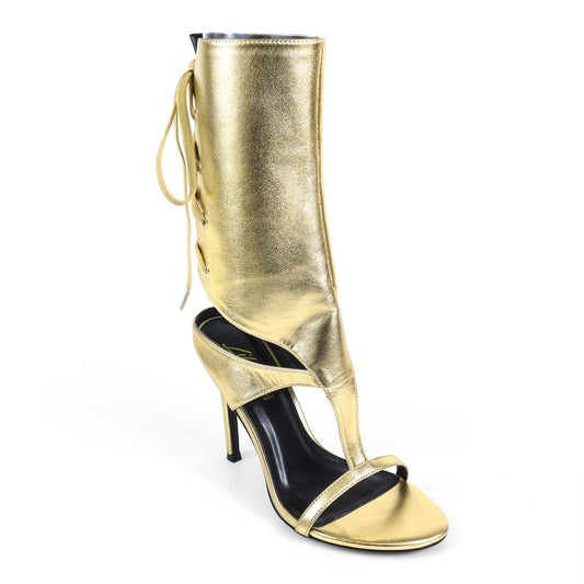 TISHA-148 GOLD FAUX LEATHER OPEN TOE T-STRAP HEEL WITH WIDE LACE UP ANKLE CUFF
