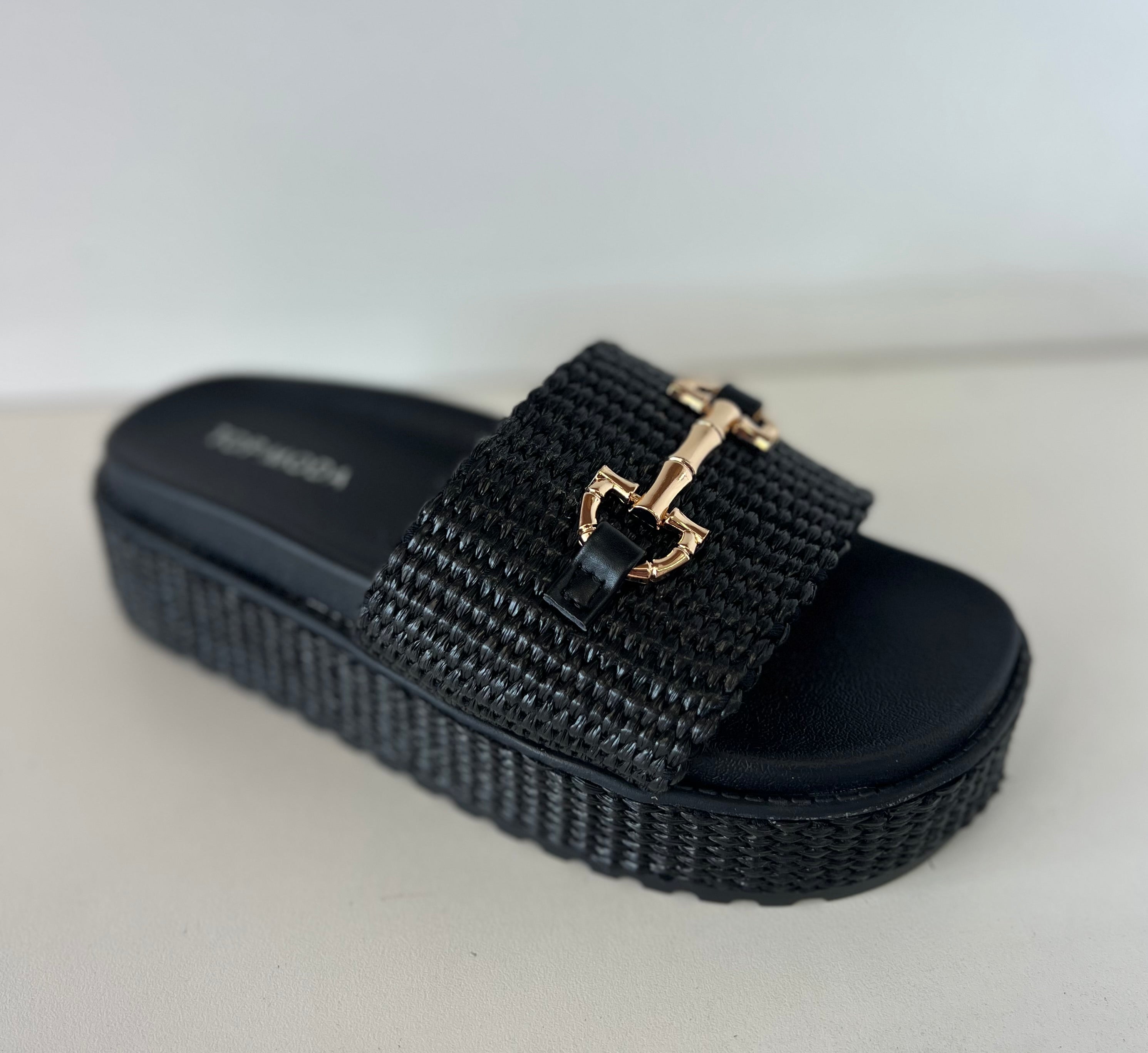 TRACI-36
- Black Raffia Sandal
- Open Toe
- Bit Detail
- Slip On
- Flatform Sole, Approx. 2