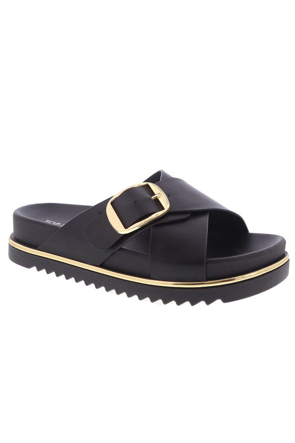 Top Moda POTTER-1 Black
- Black Criss Cross Strap Sandal
- Open Toe
- Buckle Detail
- Slip-On Slide
- Flatform Sole with Gold Trim, Approx. 2"