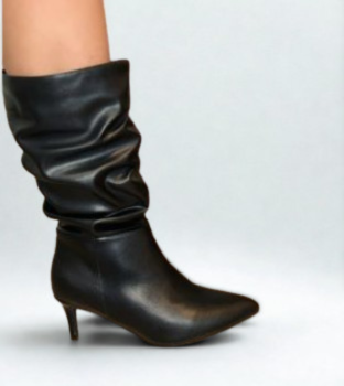 SHENA-13 BLACK FAUX LEATHER SCRUNCHY SLOUCHY POTNY TOE SHORT HEEL MID CALF BOOT