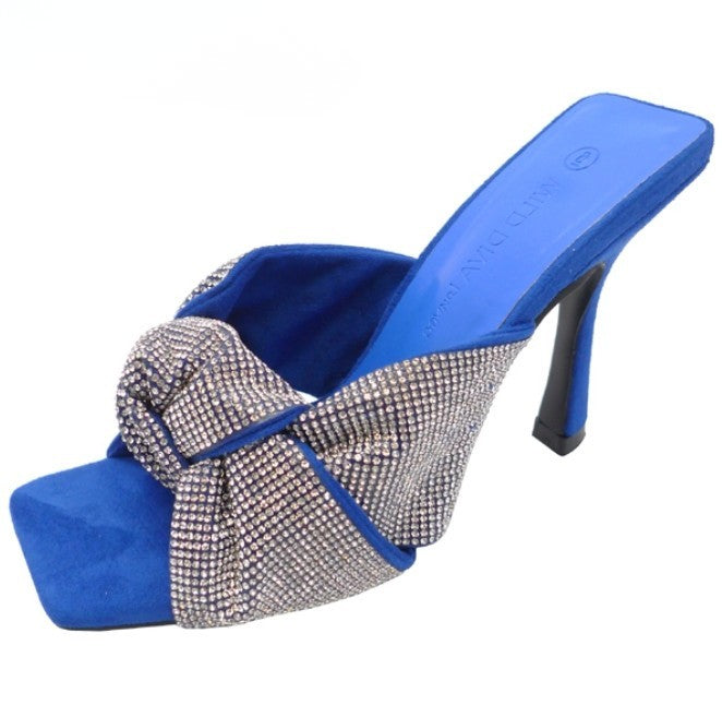 BELLINI-01 BLUE FAUX SUEDE SQUARE OPEN TOE STILETTO MULE WITH RHINESTONE COVERED MULTI STRAP KNOTTED VAMP
