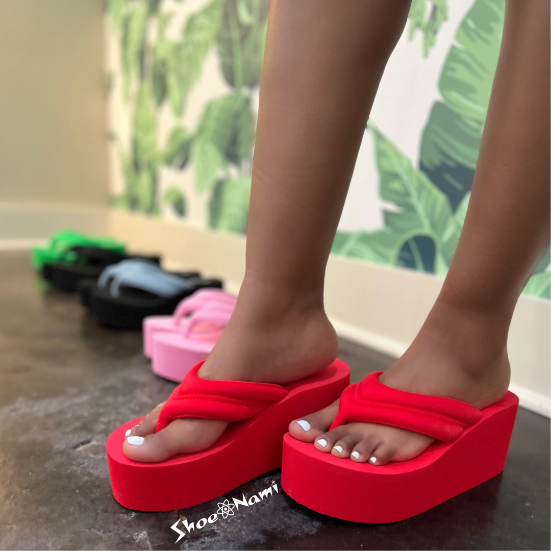 ALTA-1
- Red Flip Flop Sandals
- Thong Strap
- Open Toe
- Slip-On Slide
- Platform Wedge Sole/Heel, Approx. 3
