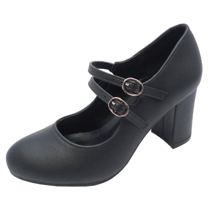 RILEY-15 FAUX LEATHER ROUND CLOSED TOE BLOCK HEEL MARY JANE BLACK WITH DOUBLE STRAP