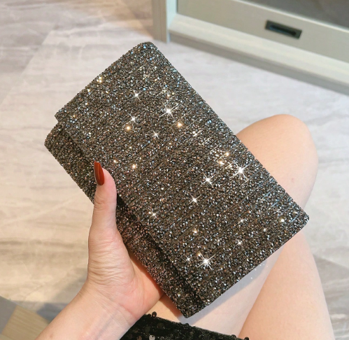 BEV BLACK ENVELOPE STYLE DRESSY EVENING BAG CLUTCH COVERED IN GUNMETAL/HEMATITE COLORED STONES