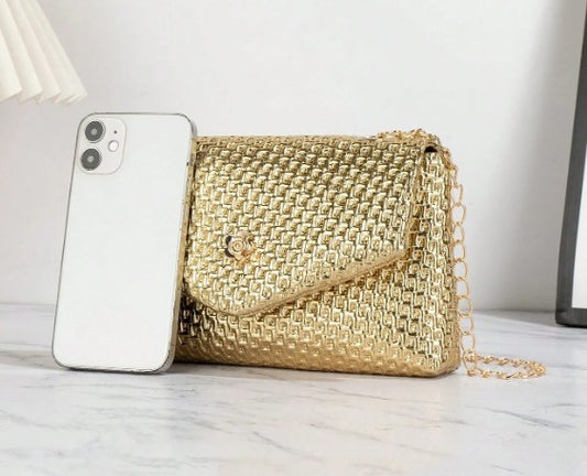 BLAKE GOLD SHINY TEXTURED FAUX LEATHER SMALL CLUTCH BAG WITH CROSSBODY STRAP