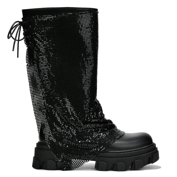 BONIKA Faux Leather Chainmail Sleeve Boot - Chunky Lug Sole & Heel, Approx. 2"
