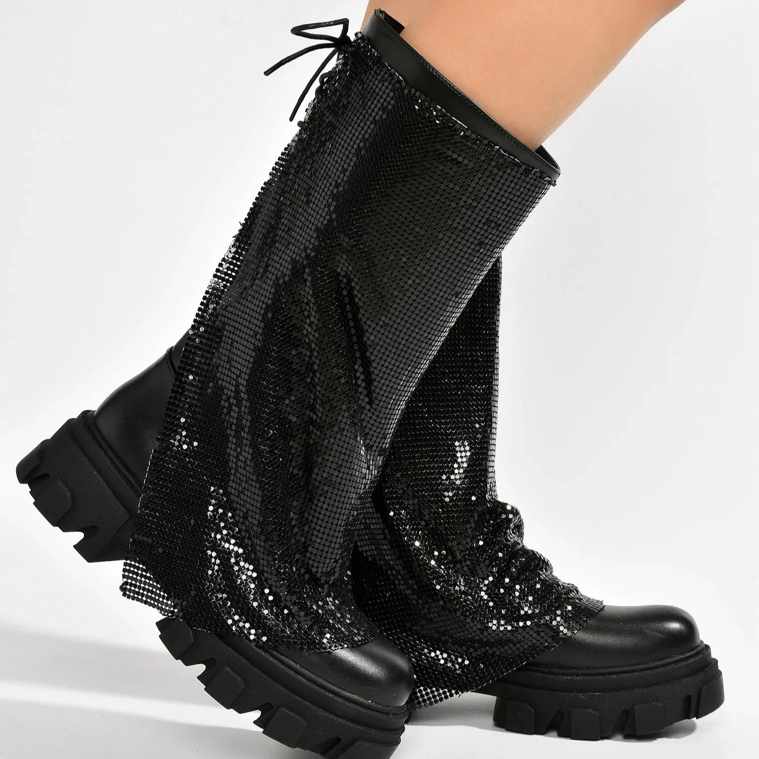 BONIKA Faux Leather Chainmail Sleeve Boot - Chunky Lug Sole & Heel, Approx. 2