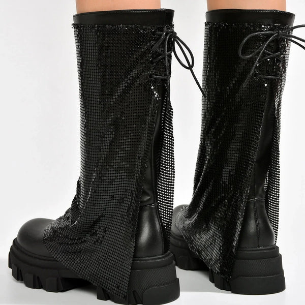 BONIKA Faux Leather Chainmail Sleeve Boot - Chunky Lug Sole & Heel, Approx. 2"