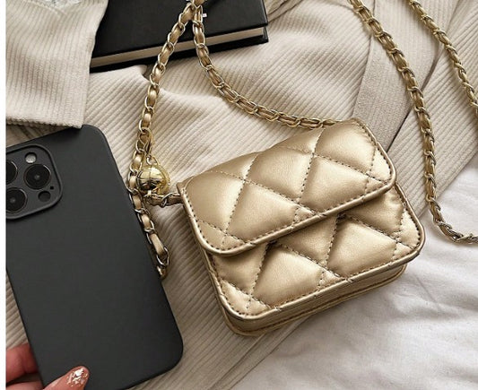 BRIELLE GOLD TEXTURED QUILTED FAUX LEATHER MINI BAG WITH CROSS BODY STRAP